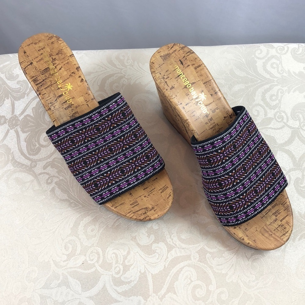 Montego Bay Club Aztec Black Pink Muti-stripe Stretch Elastic Wedges 7.5